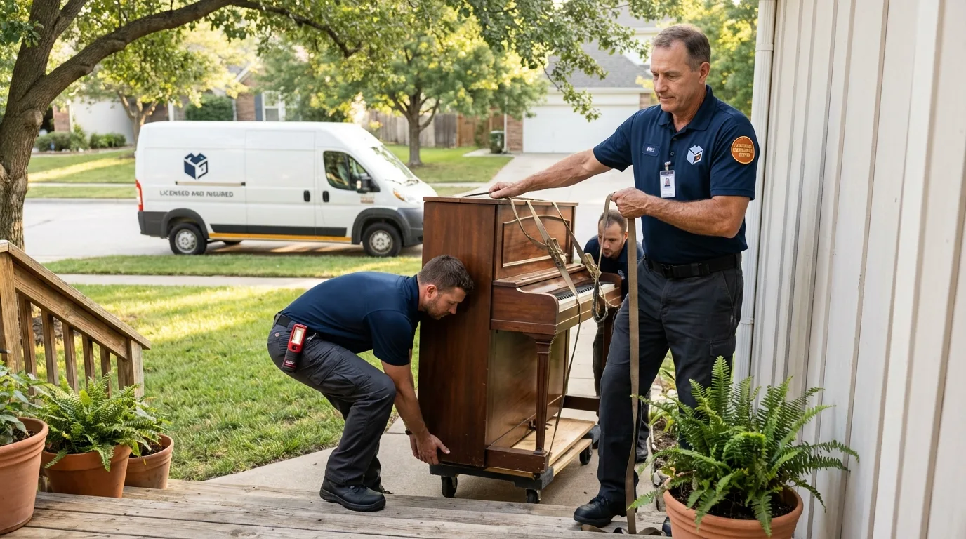 Licensed piano movers securing grand piano in Thurmond, NC