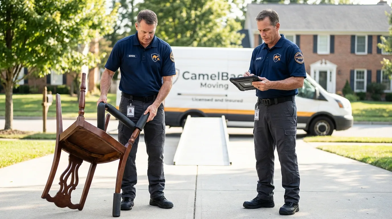 Movers inspecting furniture for damage prevention before loading in Thurmond, NC