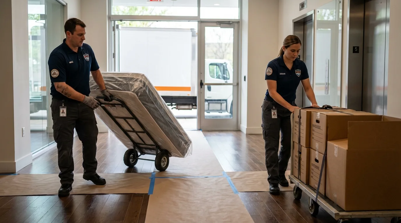 Professional apartment movers loading elevator in Thurmond, NC