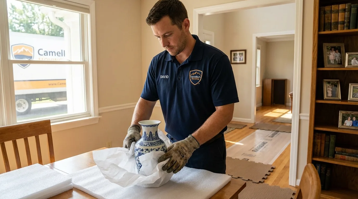 Professional crew carefully wrapping antique vase for senior downsizing move in Thurmond, NC