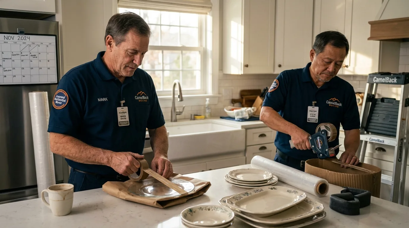 Professional crew packing kitchen dishware in Thurmond, NC
